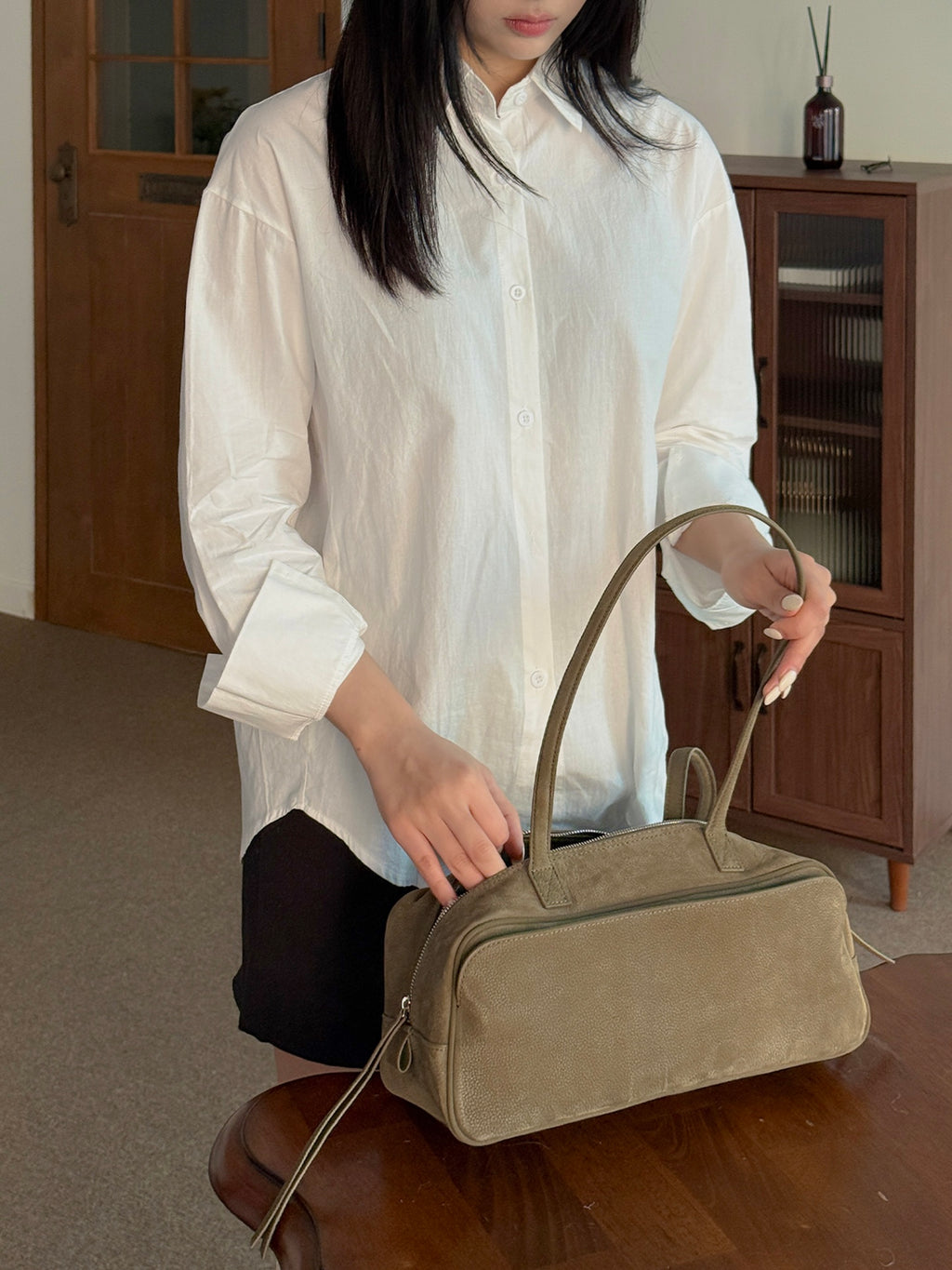 Khaki Nubuck Leather Pocket Bag