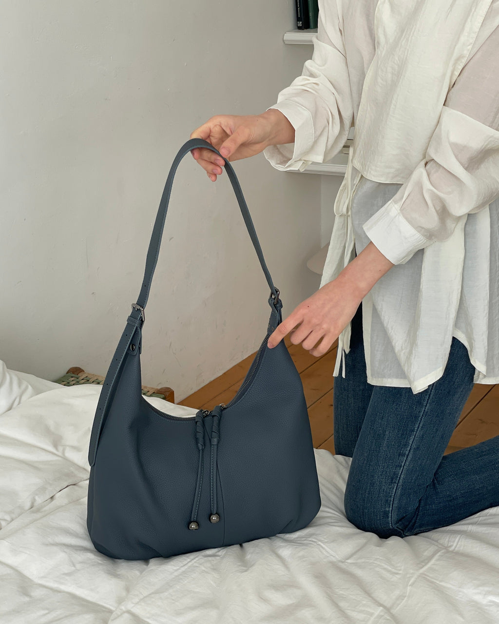 Moonlight Blue Leather Hobo Bag